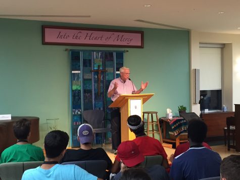 Brother Brian speaking to a group of seniors on their XLI Retreat, where they learn how to be Big Falcons.
