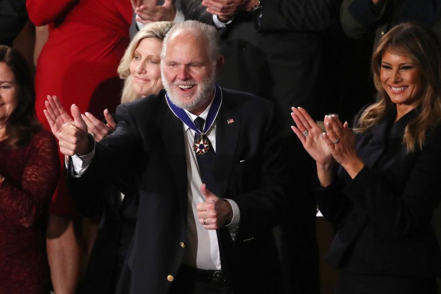 Conservative commentator Rush Limbaugh gives a thumbs-up after being presented the Presidential Medal of Freedom by First Lady Melania Trump