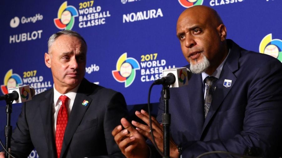 MLB Commissioner Rob Manfred (Left) and Executive director of the MLBPA Tony Clark (Right) talk to the press at the 2017 World Baseball Classic