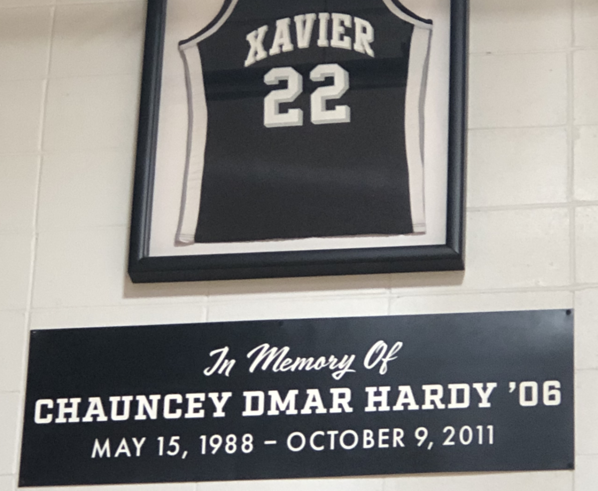 Chauncey Hardys jersey which is hanging in the Arthur M. Kohs gymnasium at Xavier High School.